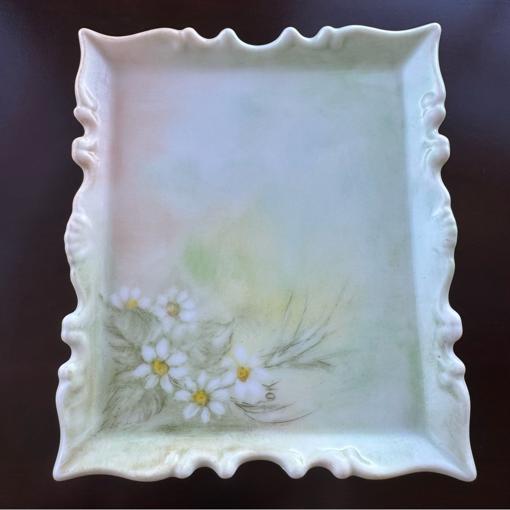 Vintage Hand-Painted Ceramic Square Dish. Floral Design with Scalloped Edges.